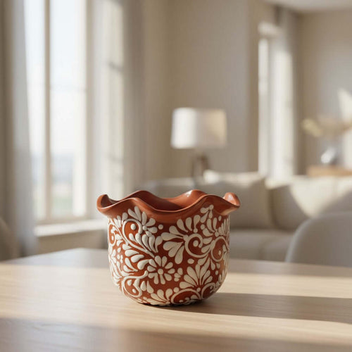 Brown & White Talavera Planter | Handcrafted Wavy Rim Pot