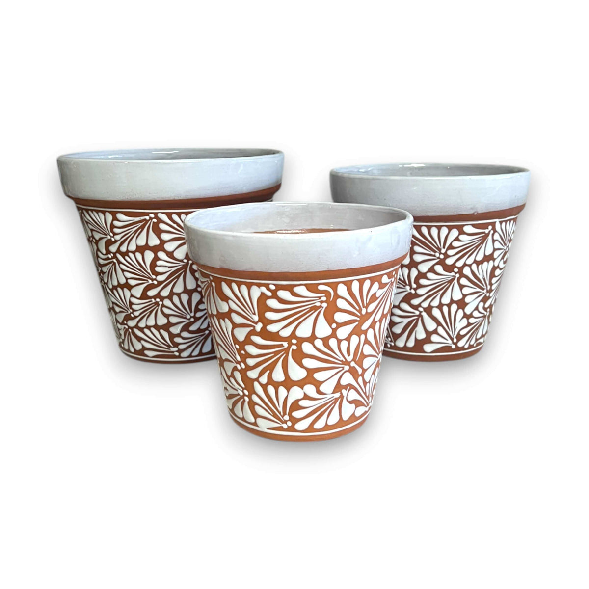 Set of 3 Talavera Flower Pots | Brown & White Terracotta Planters